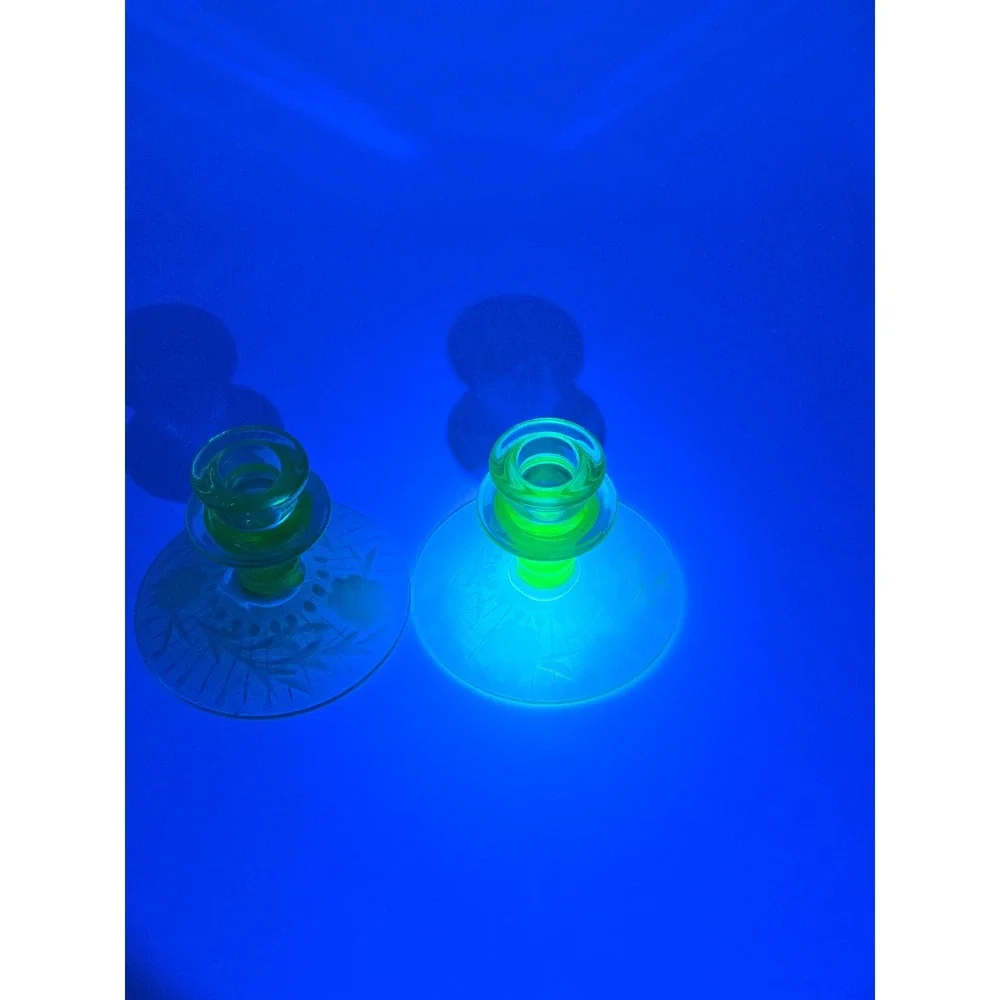 Stunning Pair of Etched Uranium Glass Candlesticks!‎